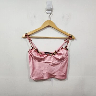 White Fox Boutique Believe It Crop Baby Pink Satin Camisole Tank Floral Size S - Image 1 of 4
