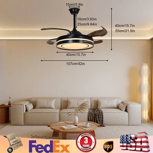 42 In Black Modern Ceiling Fan Retractable Fandelier Ceiling Fan w/ Light Remote - Picture 1 of 20