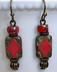 Little Etched Bronze and Red Picasso Earrings. Boho Chic. - Picture 1 of 3