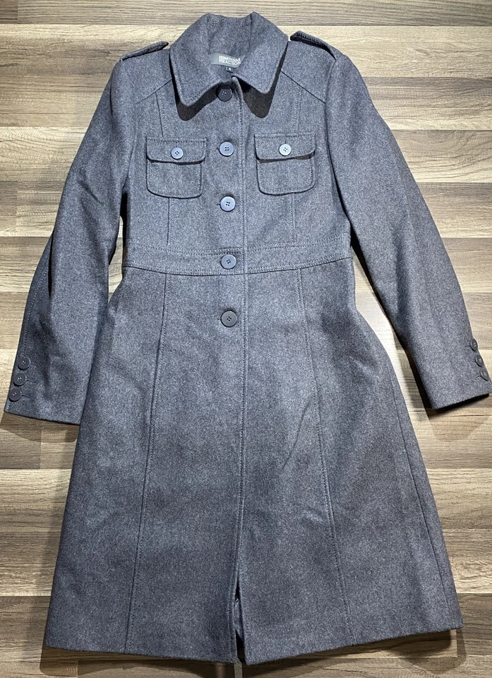 Abrigo de vestir de lana Kenneth Cole para mujer | Ajuste militar y acampanado línea A | Talla 4 gris Foto 1 de 4