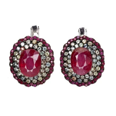 925 Sterling Silver Earrings Oval Ruby Round Ruby Myanmar Sapphire Jewelry - Image 1 of 4