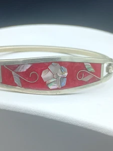 Vintage Taxco Mexico Silver Cuff Bracelet Red MOP Abalone Flower 6.5" - Picture 1 of 12