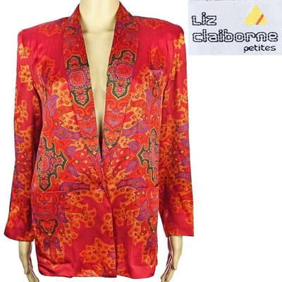 Blazer vintage de satén de los años 80 rojo damasco estampado chaqueta para fumar Liz Claiborne 4/6 P Foto 1 de 4