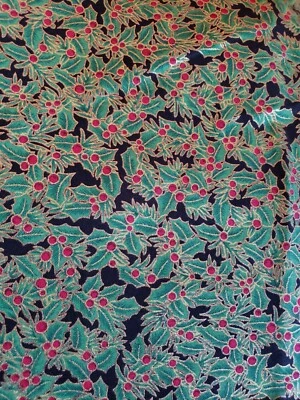 Vnt Sewing Fabric David Textiles Christmas Black Holly Red Gold Accents 1.5yx45" - Image 1 of 4