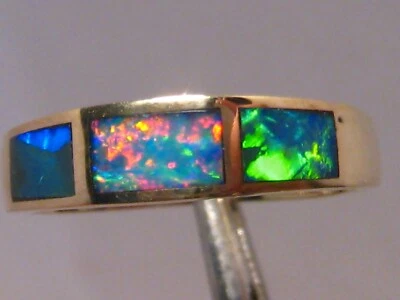 Anillo con incrustación de ópalo gema, oro amarillo sólido de 14k, tamaño 5 1/2 Foto 1 de 4