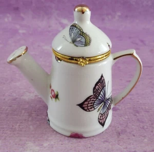 Butterfly Teapot Trinket Box Hinged White Floral Pink Blue Gold Trim 4in Vintage - Picture 1 of 8