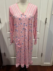 Women Long Sleeve Pink Nightgown buttons front w/side Pocket L 38"L x22"W - Picture 1 of 4