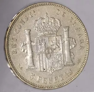 1894 Alfonso 5 Pesetas Large Silver Classic Coin - Picture 1 of 8