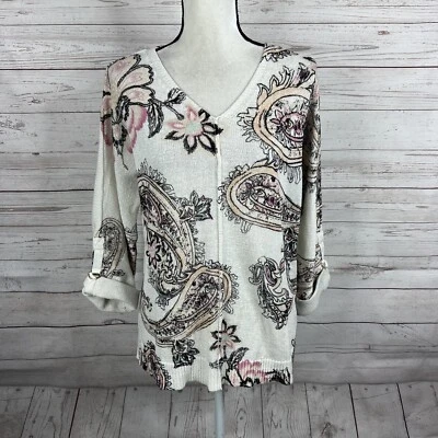 Suéter Chico’s Cuello en V Talla 1 Mediano Blanco Floral Cachemira Mangas 3/4 Pestañas Foto 1 de 4