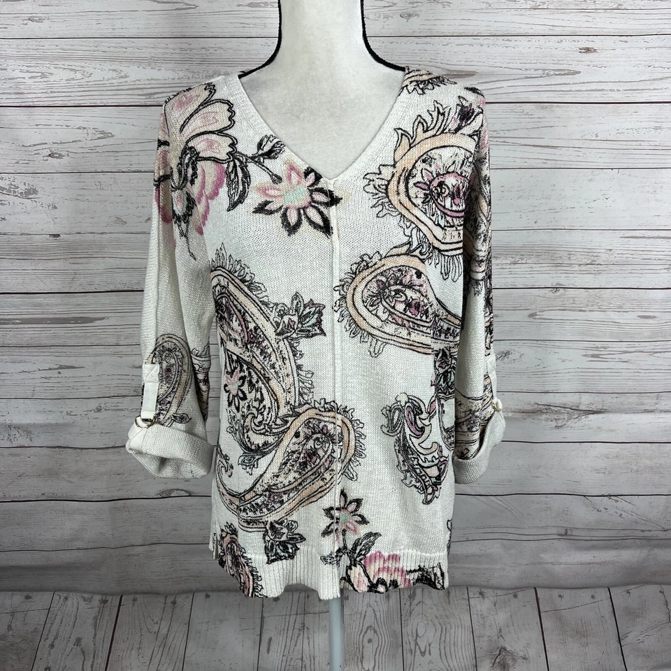 Suéter Chico’s Cuello en V Talla 1 Mediano Blanco Floral Cachemira Mangas 3/4 Pestañas Foto 1 de 4