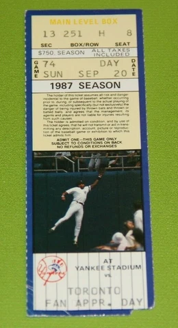 New York Yankees Ticket Stub | September 20 1987 | David Wells Win Cover