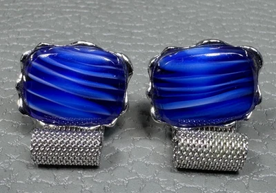 Gemelos envolventes vintage de piedra azul chapados en oro blanco Foto 1 de 3