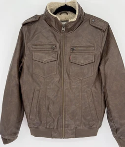 Levi's Faux Leather Sherpa Lined Jacket Mens Small Brown Bomber Zip Pockets - Picture 1 of 14