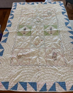 Vintage Cotton Baby Blanket Quilt Embroidered Animals Characters Cat Goose - Picture 1 of 12