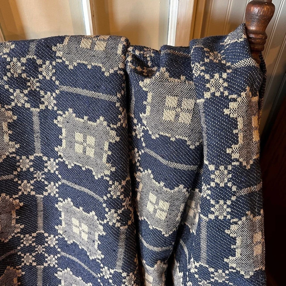 New Primitive Colonial TAN NAVY COVERLET TABLE SQUARE Woven Tablecloth Blanket - Image 1 of 1