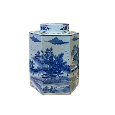 Chinese Blue & White Porcelain Trees Scenery Hexagon Jar Container ws2754 - Image 1 of 4