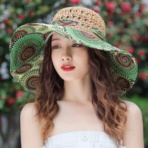 Women's Summer Hat Wide Brim Visor Cap UV Protection Straw Sun Beach Holiday Cap - Picture 1 of 12