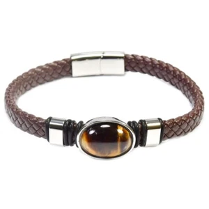 925 STERLING SILVER NATURAL TIGER EYES & BROWN LEATHER CUFF BANGLE, 7.5 - Picture 1 of 5