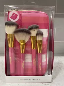 4 Piece Isaac Mizrahi Makeup Cosmetic Brush Set Zip Around Pink Stripe Case Bag - Picture 1 of 5