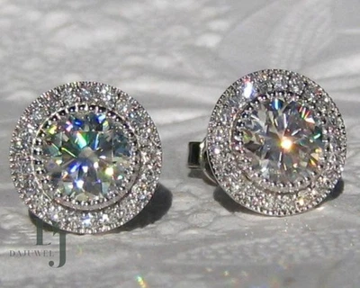 Moissanite Halo Stud Earrings 2.40 CT Round Cut Solid 14K White Gold For Women - Image 1 of 4