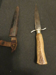Vintage Antique 10.75" Hunters Knife with Metal Sheath Bone Handle