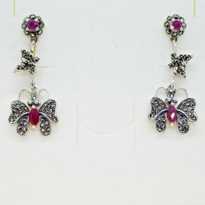 Rubin Markasit Ohrstecker Ohrhänger SCHMETTERLINGE 925 Sterlingsilber 43 x 17 mm - Bild 1 von 4