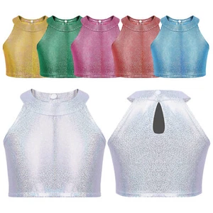 Kids Girls Crop Top Party Jazz Metallic Tank Vest Halloween Dancewear Training - Picture 1 of 41