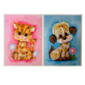 Vintage Kunstdrucke von J. Hand Retro 60er 70er Jahre Katze Hund Boho 2er Set Kinderzimmer Junge Mädchen - Bild 1 von 6