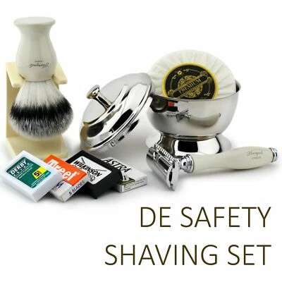 Kit de regalo de afeitado de 5 piezas para hombres DE afeitadora de seguridad, cepillo de afeitar sintético para cabello  - Imagen 1 de 4