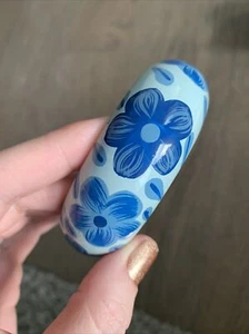Boho style Wooden Bracelet with painted Blue Flowers - Picture 1 of 7
