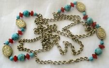 Ancien grand collier sautoir couleur or perles turquoise bijou vintage 186