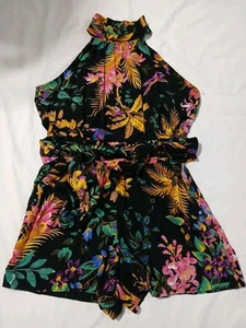 NWT Rachel Roy Romper S Black Floral Wrap Tie Halter High Neck Resort Cruise  - Picture 1 of 18
