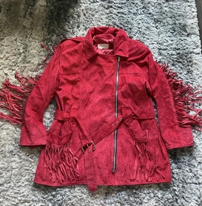 Caché Women's Suede Leather Western Red Jacket Fringes Cowgirl Rodeo Jacket M - Picture 1 of 6