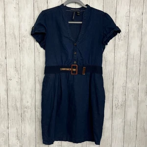 Mango Leinen dunkelblau Kurzarm V-Ausschnitt Gürtel knielang Preppy Money Kleid - Bild 1 von 11