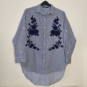 *NEW* Zara Blue Floral Embroidered Stripe Longline Shirt Size M
