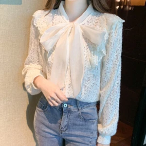 Lady Lace Bowknot Shirt Blouses Top Splice Hollow Out Long Sleeve Elegant Blouse - Picture 1 of 14