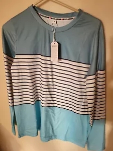 Faded Glory Womens Blouse M T Shirt NWT Blue Black White Stripe Polyester L Slee - Picture 1 of 24