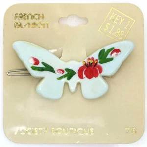 NOS 70s 80s Vintage Blue Lucite Butterfly Hair Clip Barrette Hand Painted Flower - Picture 1 of 2