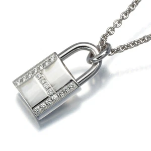 Auth HERMES Necklace Kelly Diamond 0.09ct Padlock 18K 750 White Gold - Picture 1 of 6