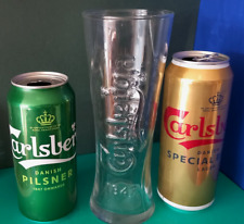 CARLSBERG ONE PINT GLASS & x 2 EMPTY CANS DANISH BEER SPECIAL BREW LAGER DENMARK