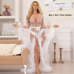 Damen Sexy Transparent Dessous Tanga Set Schlafmantel Nachtmantel Nachthemd Schlafkleid - Bild 1 von 14