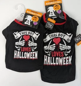 Hunde T-Shirt "This Boy Loves Halloween" Skelett, Fledermäuse, Herz SMALL & MEDIUM - Bild 1 von 10
