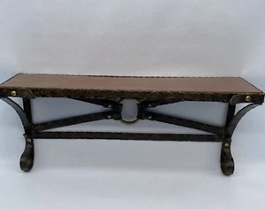 18” L 4.5” W Ornate Vintage Metal Wall Shelf Faux Leather Belt Strap Brass Ring - Picture 1 of 19