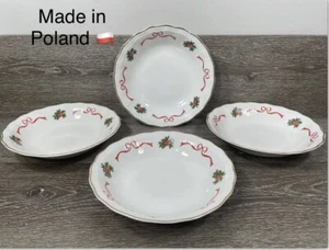 Set of 4 Walbrzych Poland Christmas Holiday Ribbons & Holly Porcelain Bowl 8.25” - Picture 1 of 19