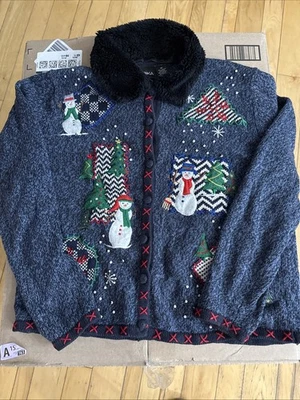 Cárdigan Suéter Navidad De Colección Talla M Erika Muñeco de Nieve Copos de Nieve Perlas Bordadas Foto 1 de 4