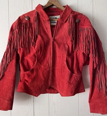 Chaqueta corta vintage de cuero con flecos de gamuza roja Pioneer Wear años 80 Western grande Foto 1 de 4