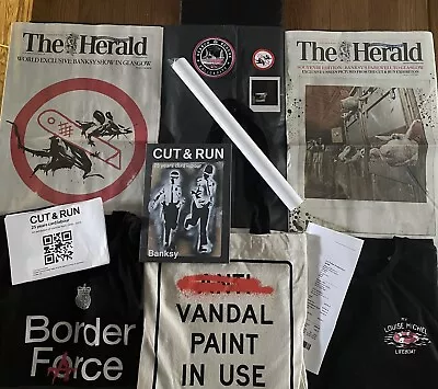 Banksy Cut And Run Sticker, Poster Set, 2 X T-shirts (L),2Newspapers, Book, Bag+ • 295.92£