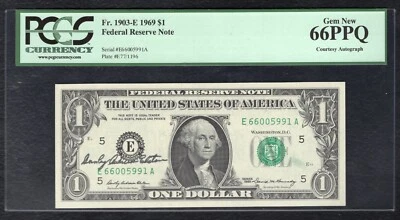 FR. 1903-E 1969 $1 FRN “TREASURER COURTESY AUTOGRAPH” PCGS GEM UNC-66PPQ - Image 1 of 2