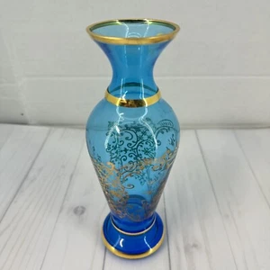 Venezia 2003 Blue Art Glass Gold Gilded Vase Murano Signed - Picture 1 of 14
