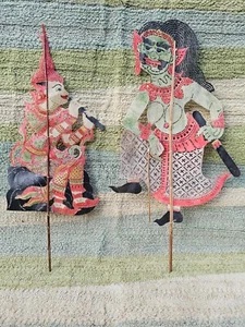 Dos 2 marionetas de sombra de cuero Nang Talung vintage 1 articuladas Tailandia, Siam - Imagen 1 de 14